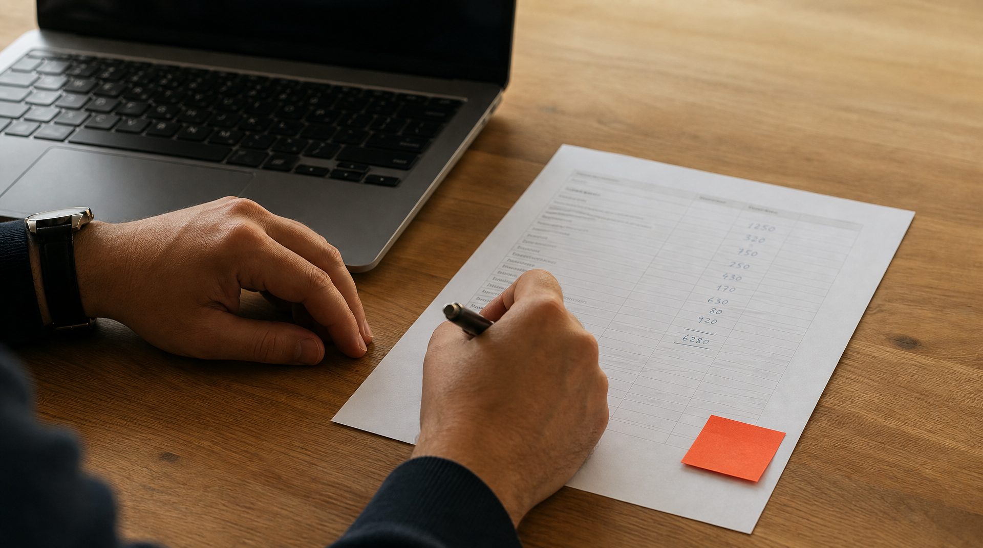 A hand writing a short column of figures on a printed AI agent cost sheet, with a laptop alongside.