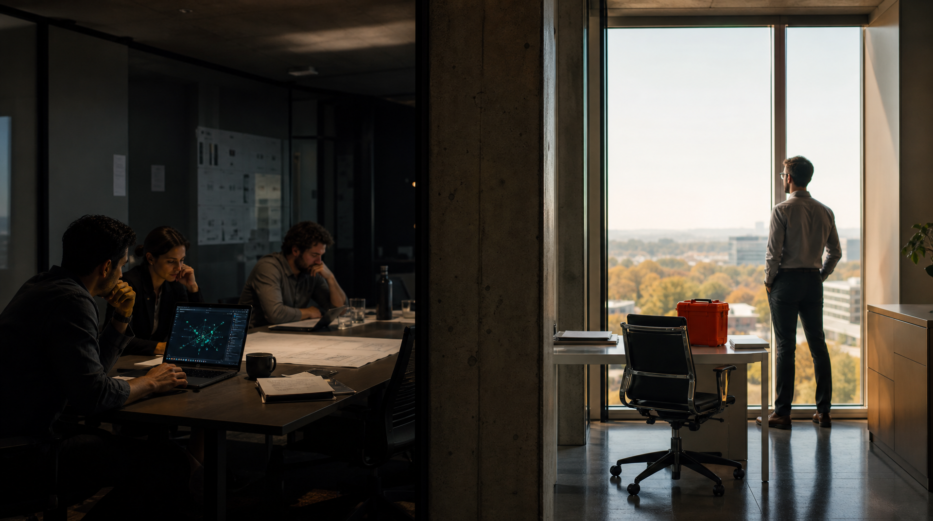 A stalled internal AI project: a dim team meeting on one side, a lone figure at a bright window on the other.